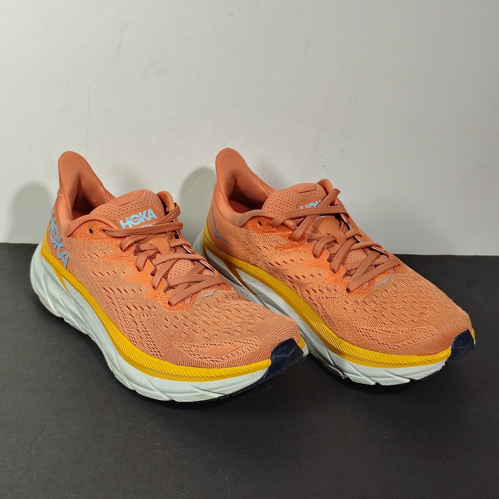 Hoka Clifton 8 Womens Size 9.5B Orange Yellow Mesh Running Shoes Sneakers